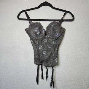 vintage Victoria's Secret Black Lace Floral Corset Bra Garter Straps 34B